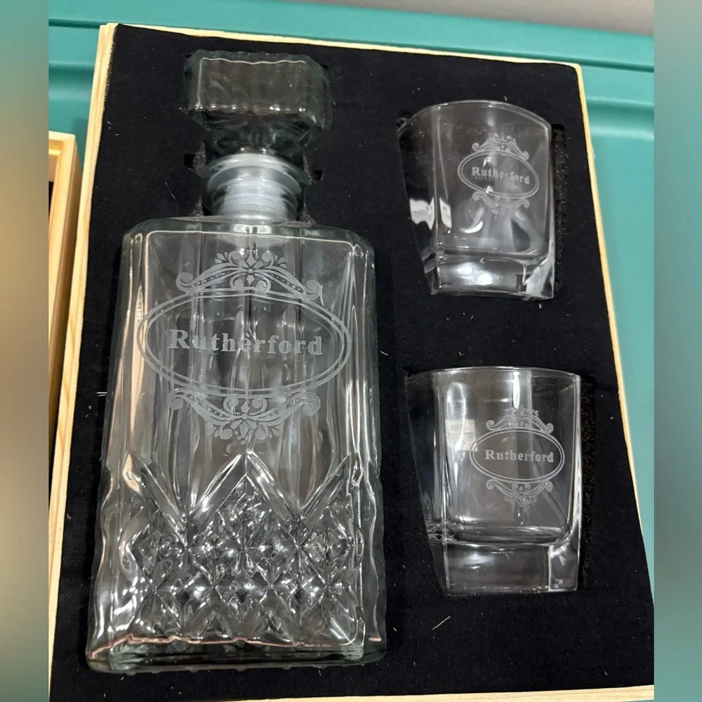 Personalized - RUTHERFORD - Clear Glass Decanter Set with Wooden Box
